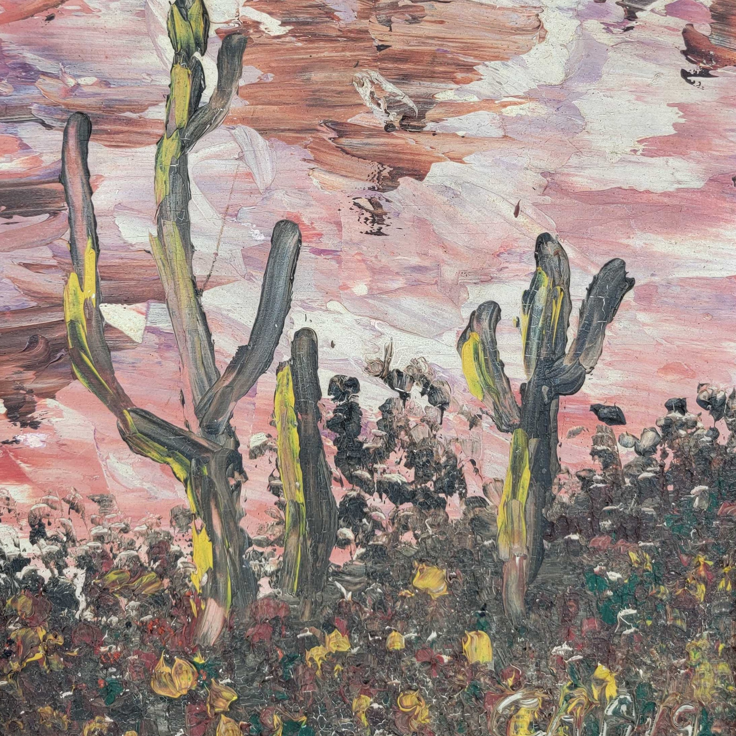 Vintage Desert Landscape With Cactus Painting