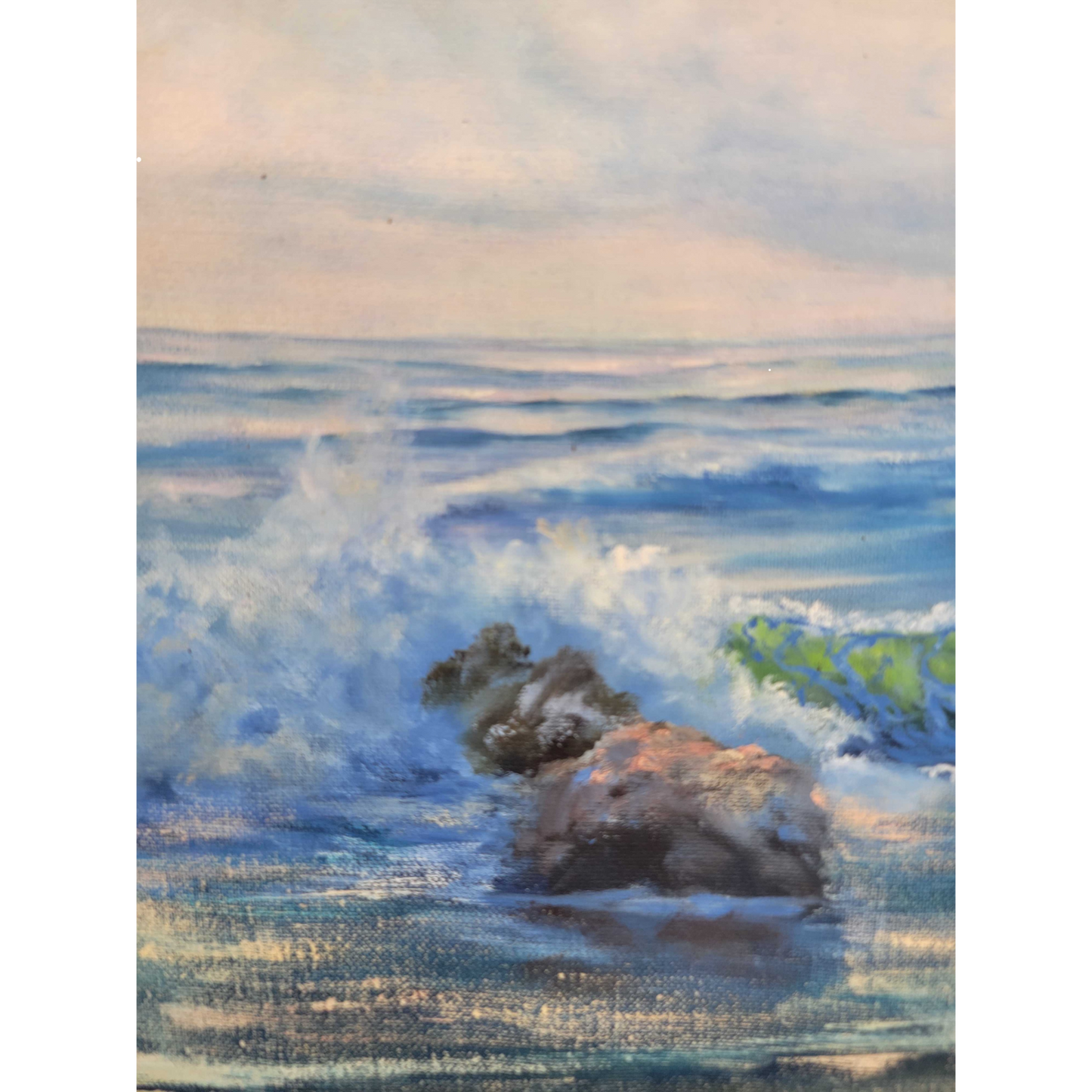 Vintage Painting Of Waves Crashing Into Rocks