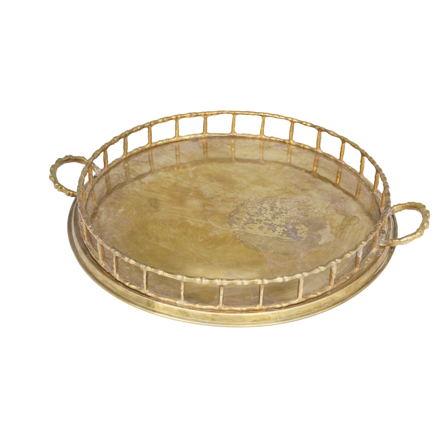 Vintage Brass Tray with Bamboo Lattice Rim Detail